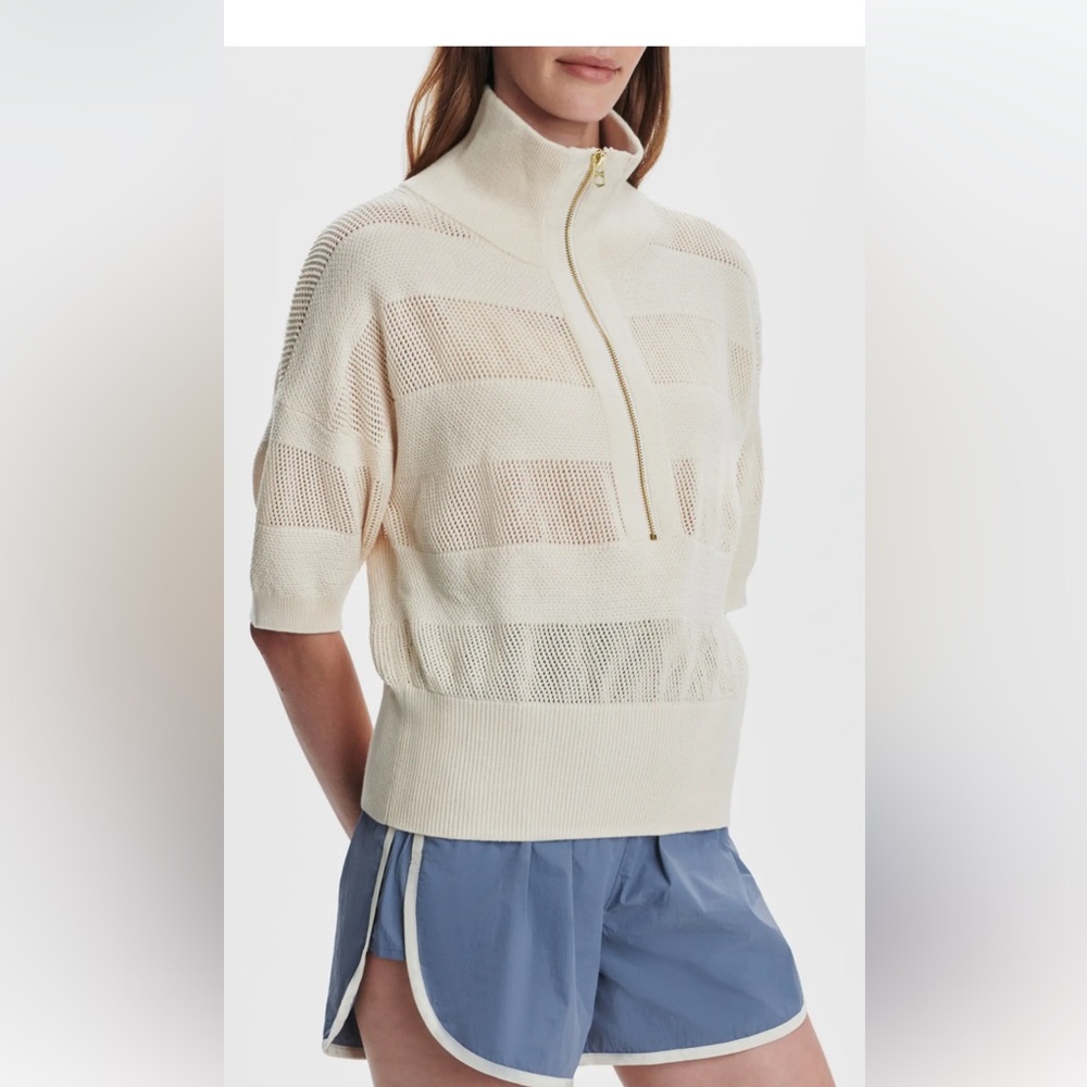Varley Kembria Mesh Cream Half-Zip Short Sleeve knit top Small